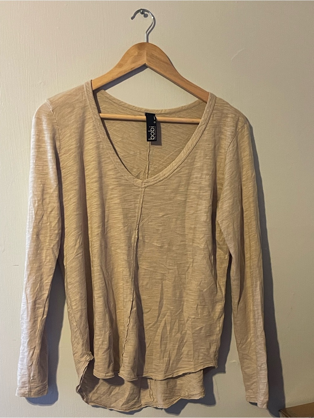 bobi Beige V-Neck Long Sleeve Slub Knit Top